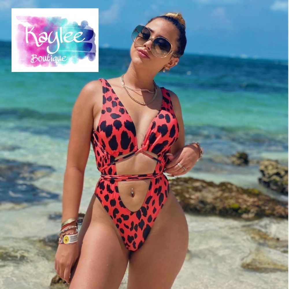 Red Leopard Criss Cross One-Piece swimsuit